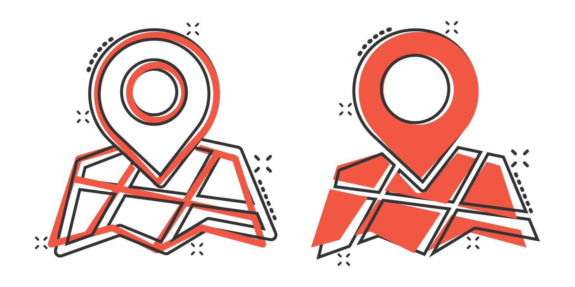 Map pin icon in comic style. GPS navigation cartoon vector illustration on white isolated background. Locate position splash effect business concept.