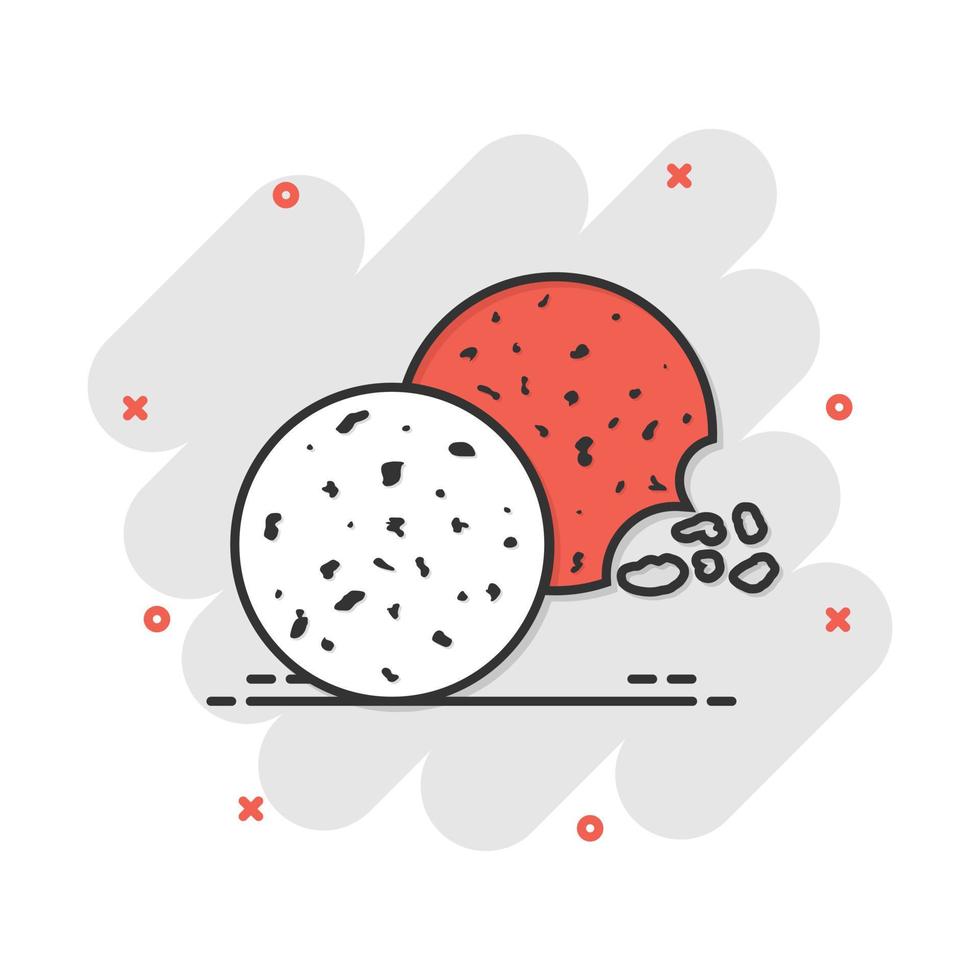 icono de cookie de dibujos animados vectoriales en estilo cómico. Pictograma de ilustración de signo de galleta con chip. concepto de efecto de salpicadura de negocio de galletas de pastelería. vector