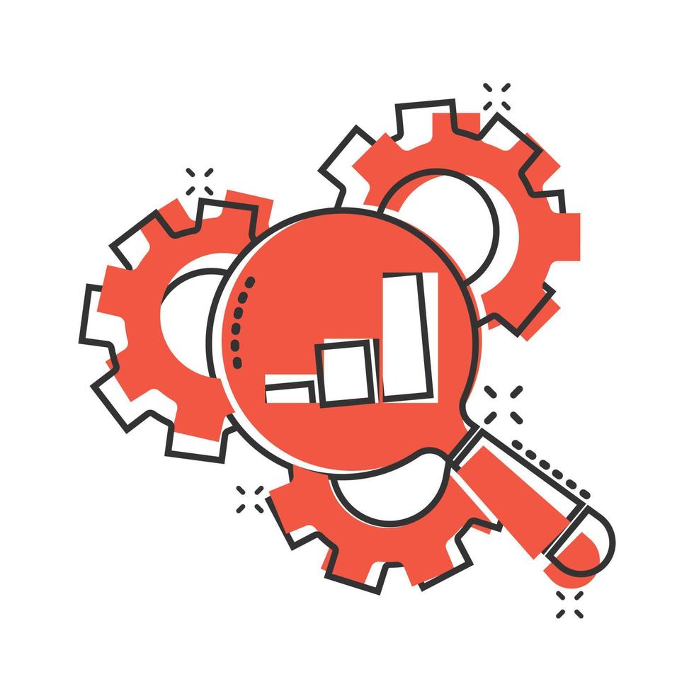 Loupe with gear icon in comic style. Magnifying glass cartoon vector illustration on white isolated background. Seo exploration splash effect business concept.