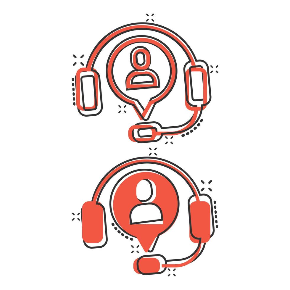 Helpdesk icon in comic style. Headphone cartoon vector illustration on white isolated background. Chat operator splash effect business concept.