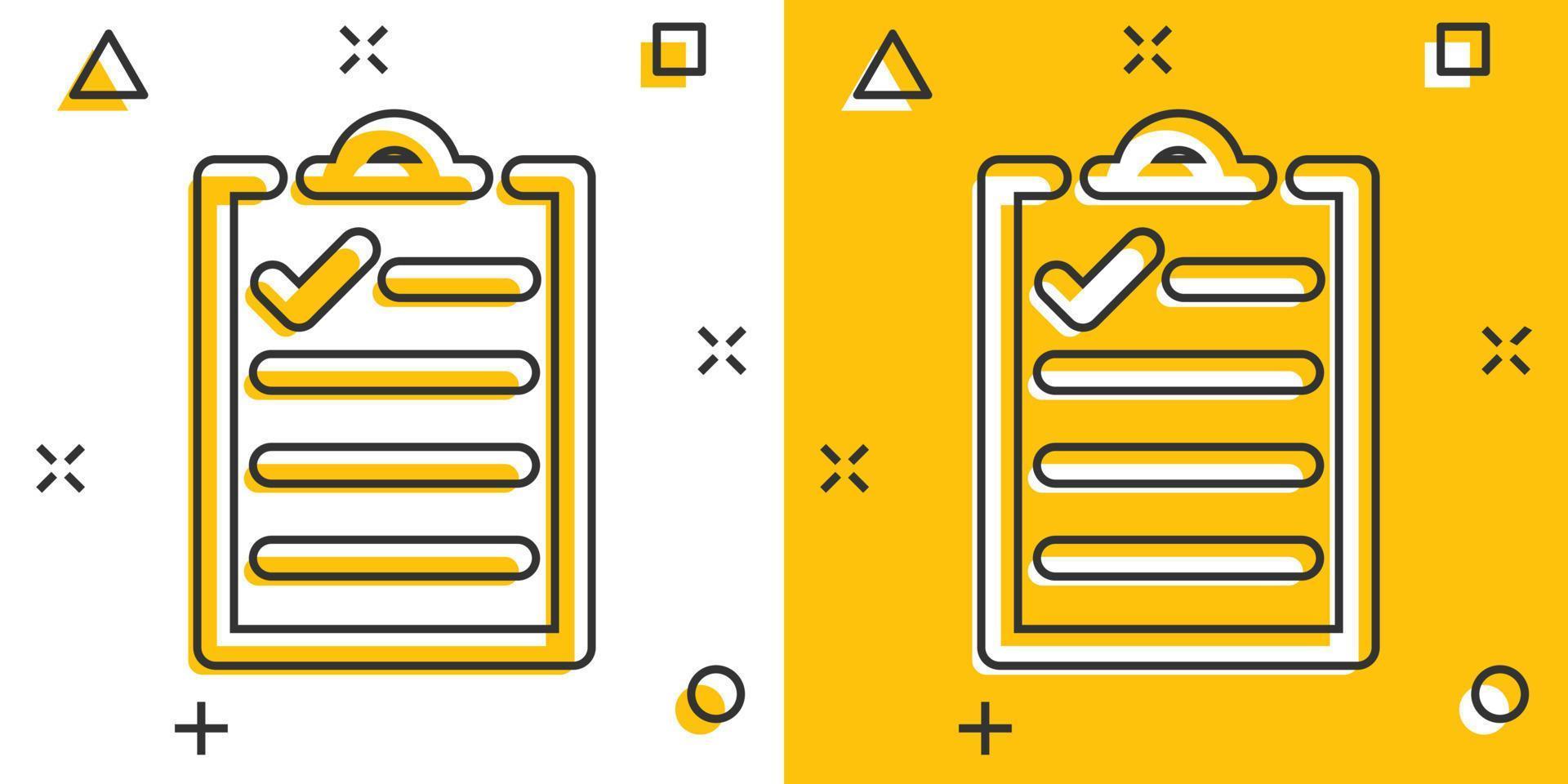 To do list icon in comic style. Document checklist cartoon vector illustration on white isolated background. Notepad check mark splash effect business concept.