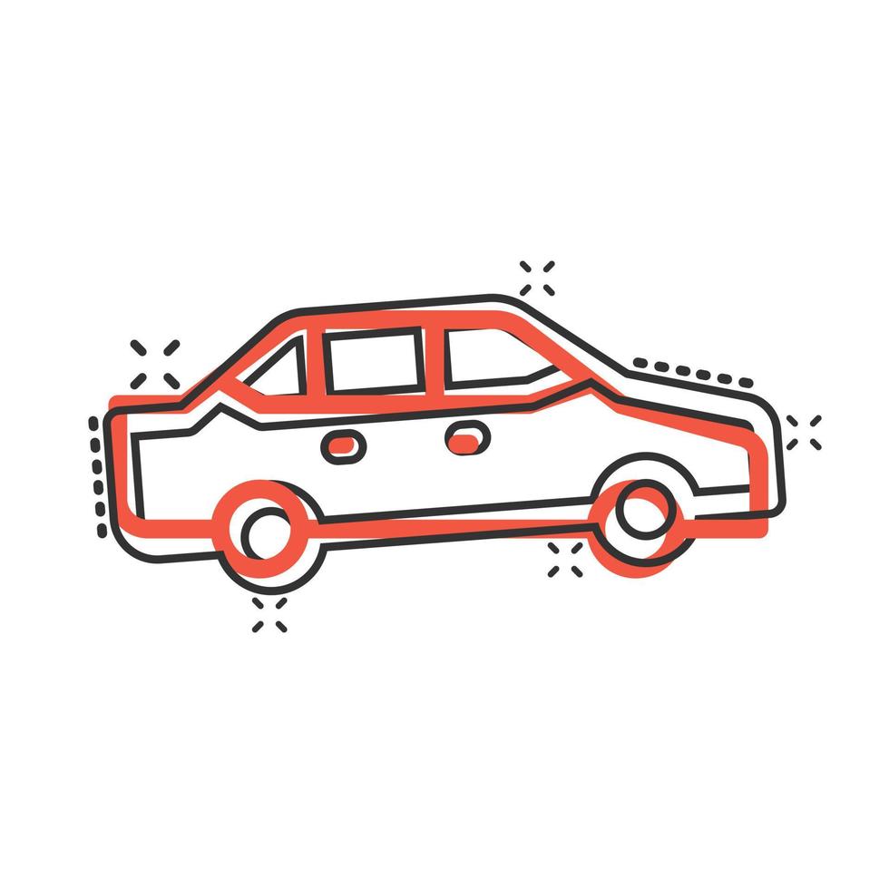 icono de coche en estilo cómico. ilustración de vector de dibujos animados de vehículo de automóvil sobre fondo blanco aislado. concepto de negocio de efecto de salpicadura de sedán.