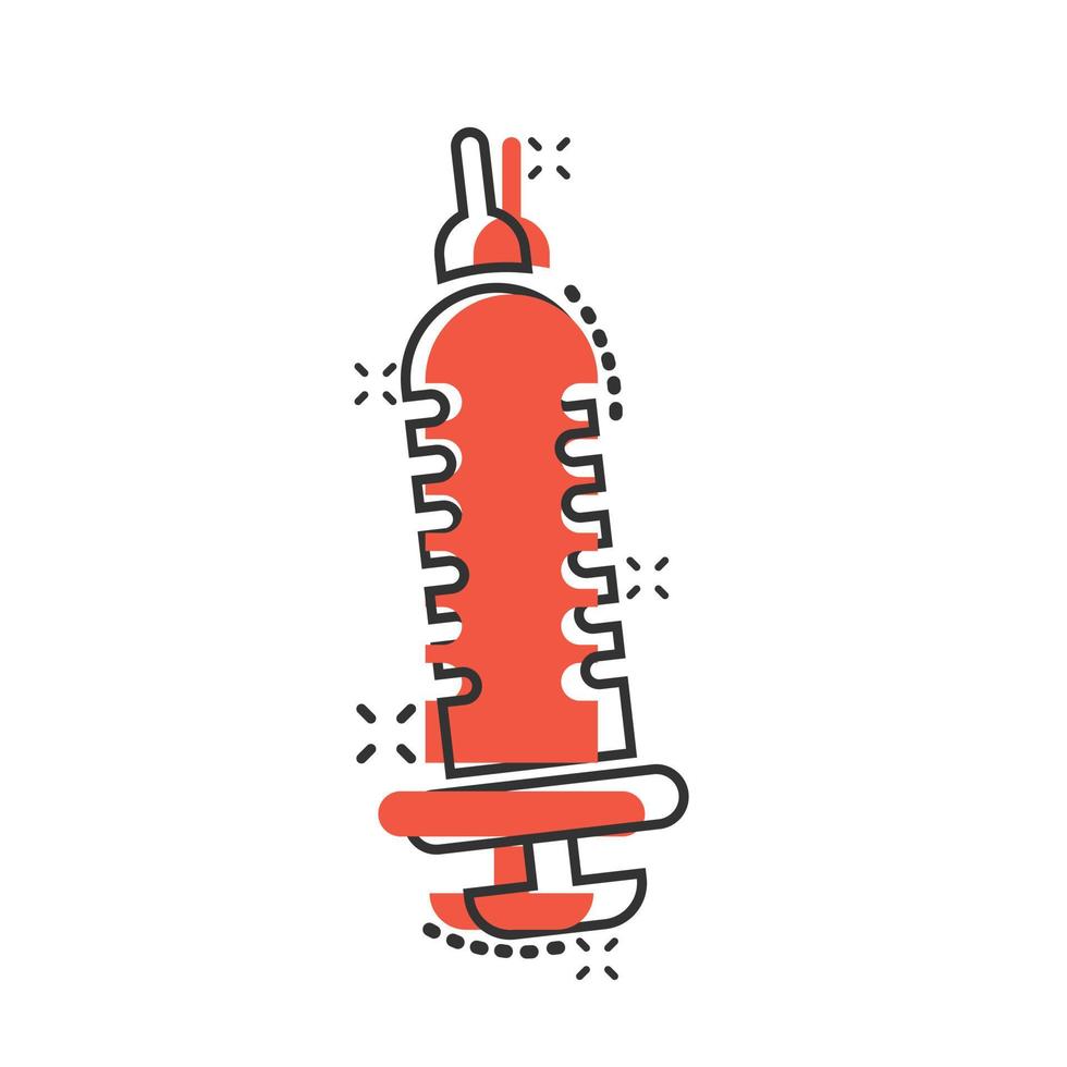 Syringe icon in comic style. Inject needle cartoon vector illustration on white isolated background. Drug dose splash effect business concept.