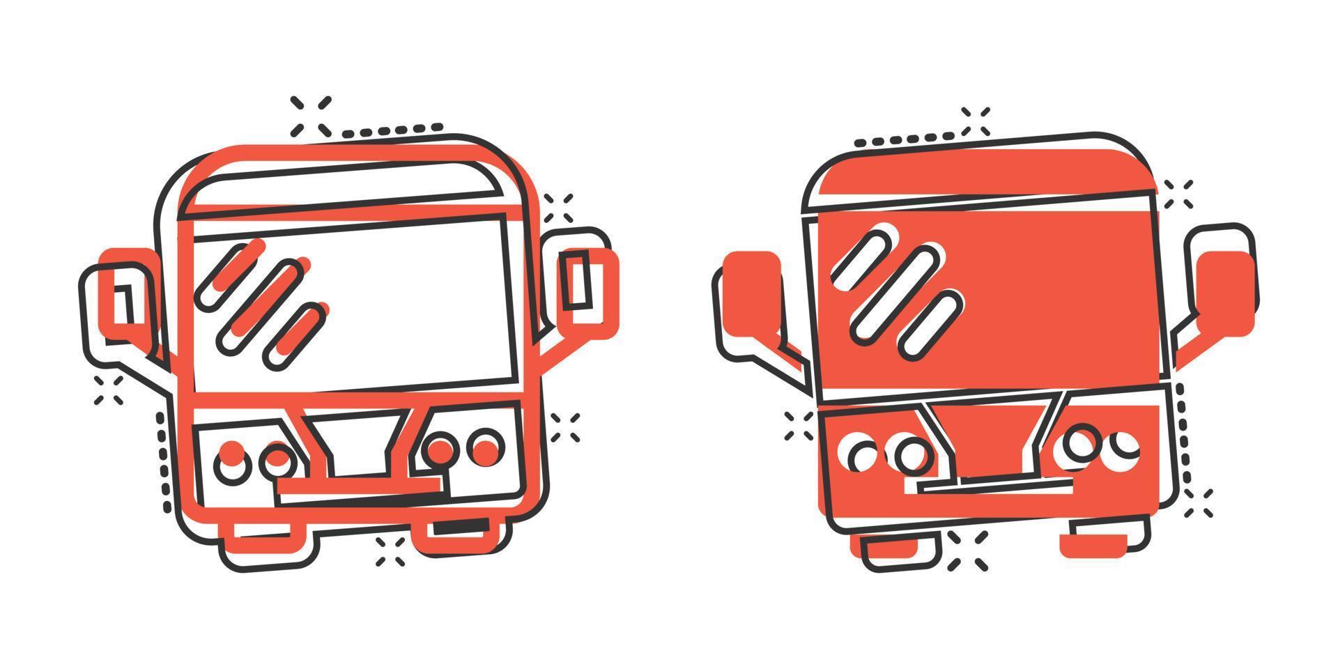 icono de autobús en estilo cómico. ilustración de vector de dibujos animados de entrenador sobre fondo blanco aislado. concepto de negocio de efecto de salpicadura de vehículo autobus.