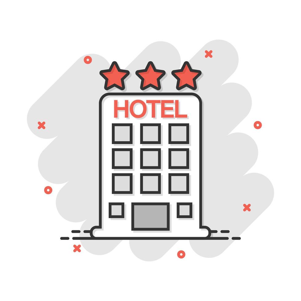 Vector cartoon hotel icon in comic style. Tower sign illustration pictogram. Hotel apartment business splash effect concept.