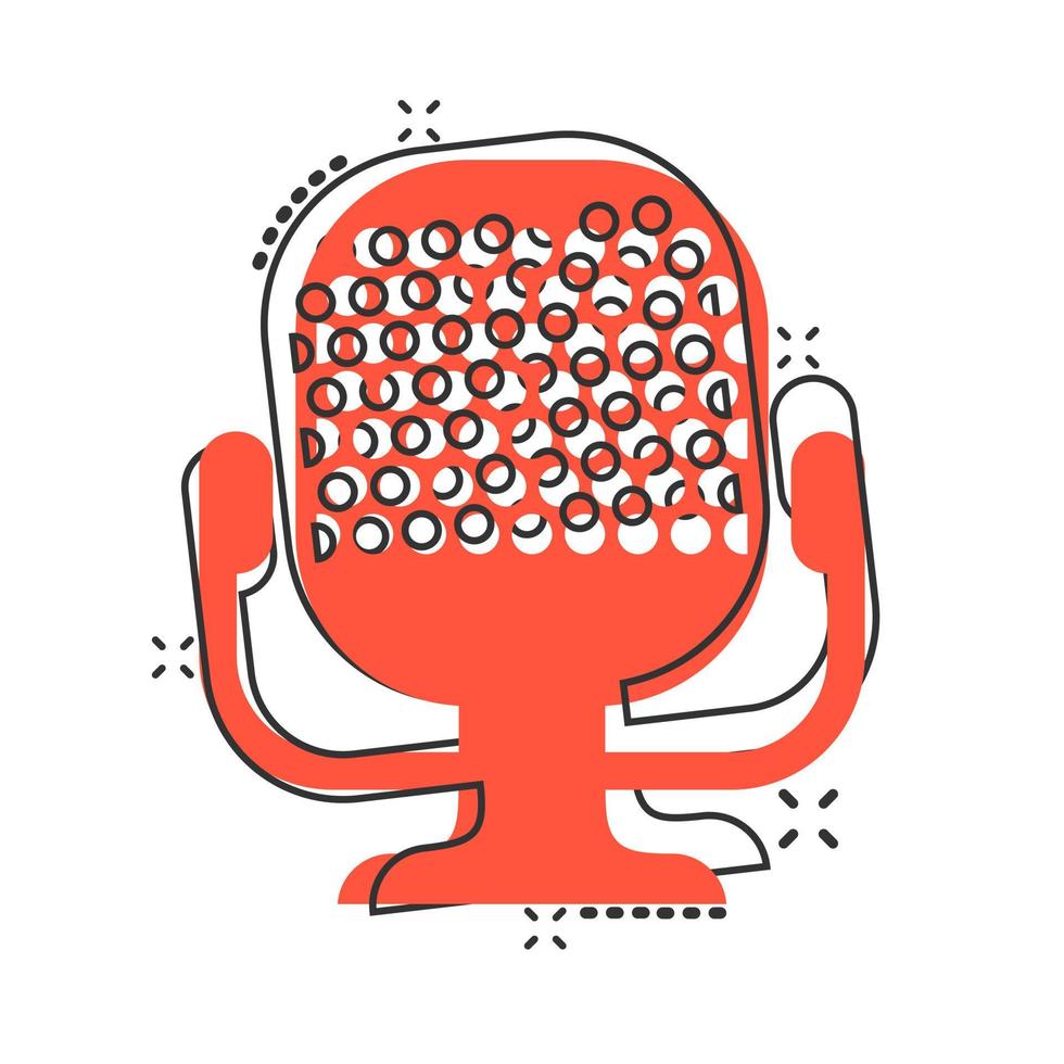 Microphone icon in comic style. Mic broadcast vector cartoon illustration pictogram. Microphone mike speech business concept splash effect.