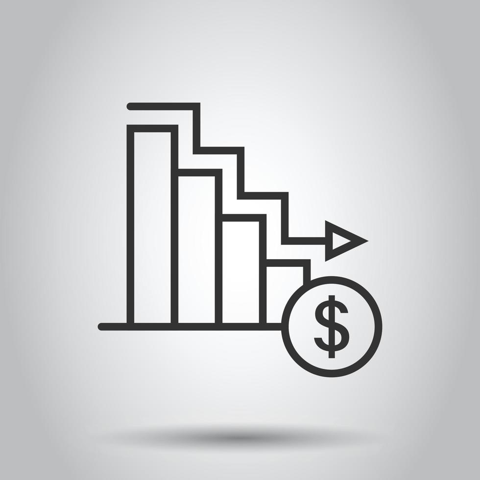 Market trend icon in flat style. Decline arrow with magnifier vector illustration on white isolated background. Decrease business concept.