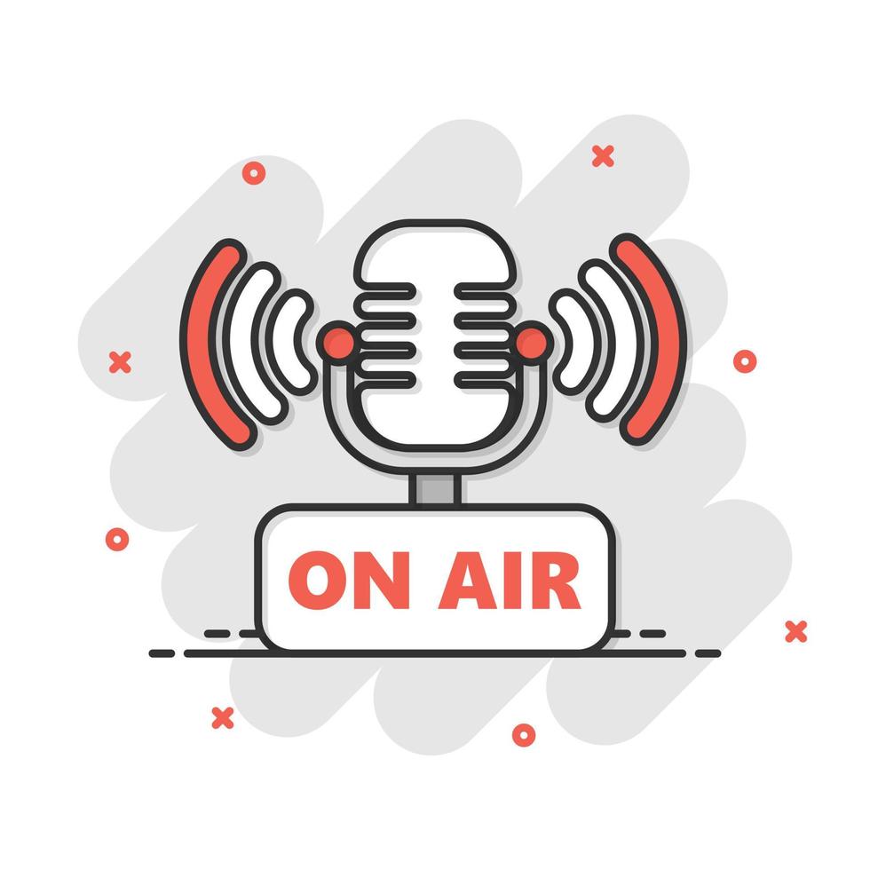 Microphone icon in comic style. Live broadcast vector cartoon illustration on white isolated background. On air business concept splash effect.