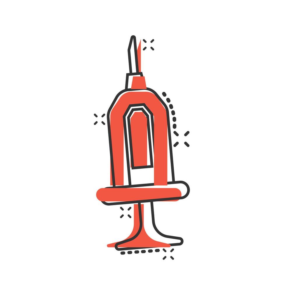Syringe icon in comic style. Inject needle cartoon vector illustration on white isolated background. Drug dose splash effect business concept.
