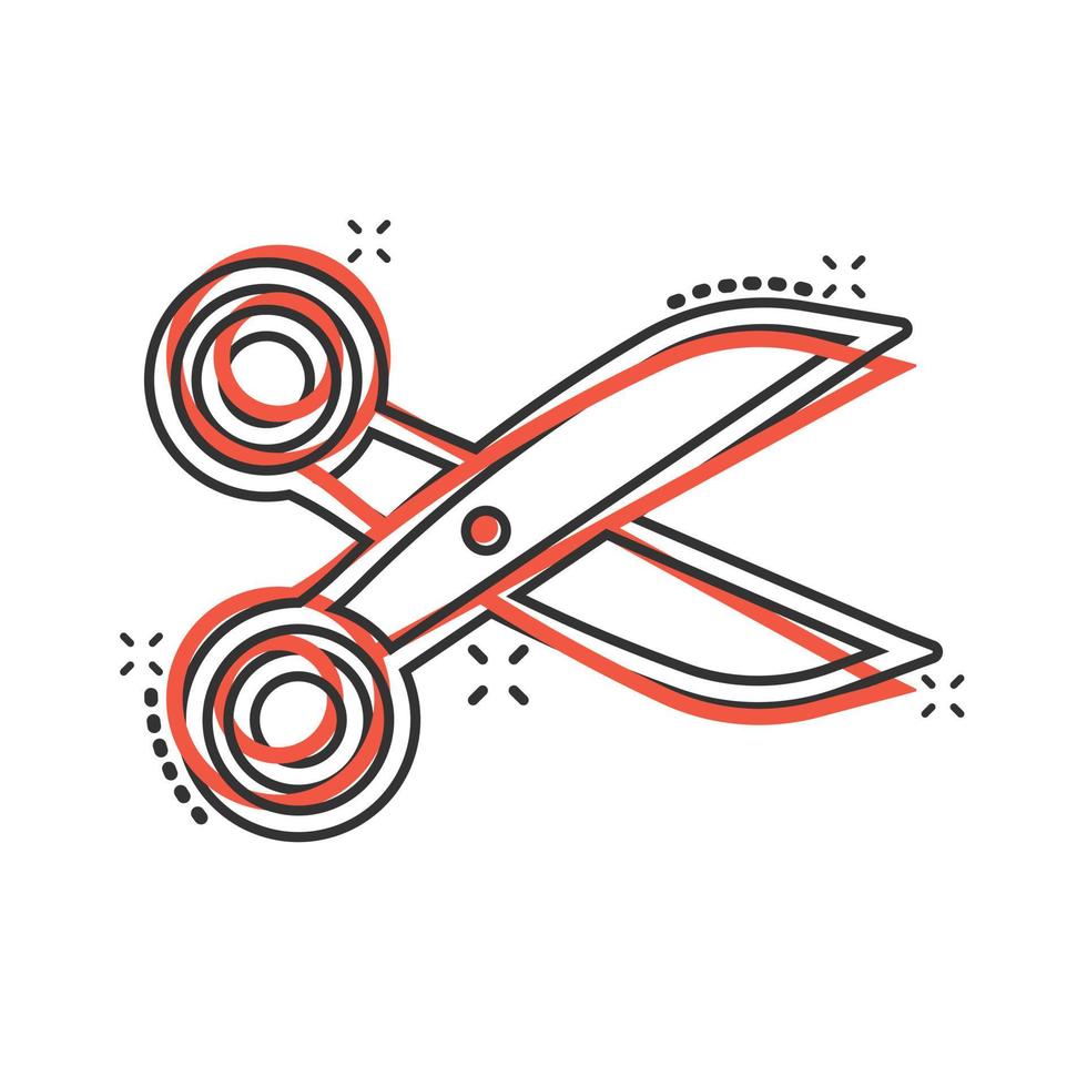 Scissor icon in comic style. Cut equipment cartoon vector illustration on white isolated background. Cutter splash effect business concept.