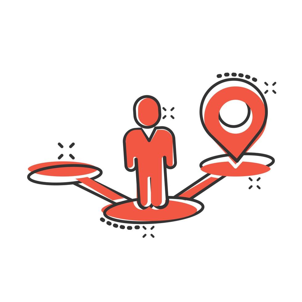 Map pin icon in comic style. Gps navigation cartoon vector illustration on white isolated background. Locate position splash effect business concept.