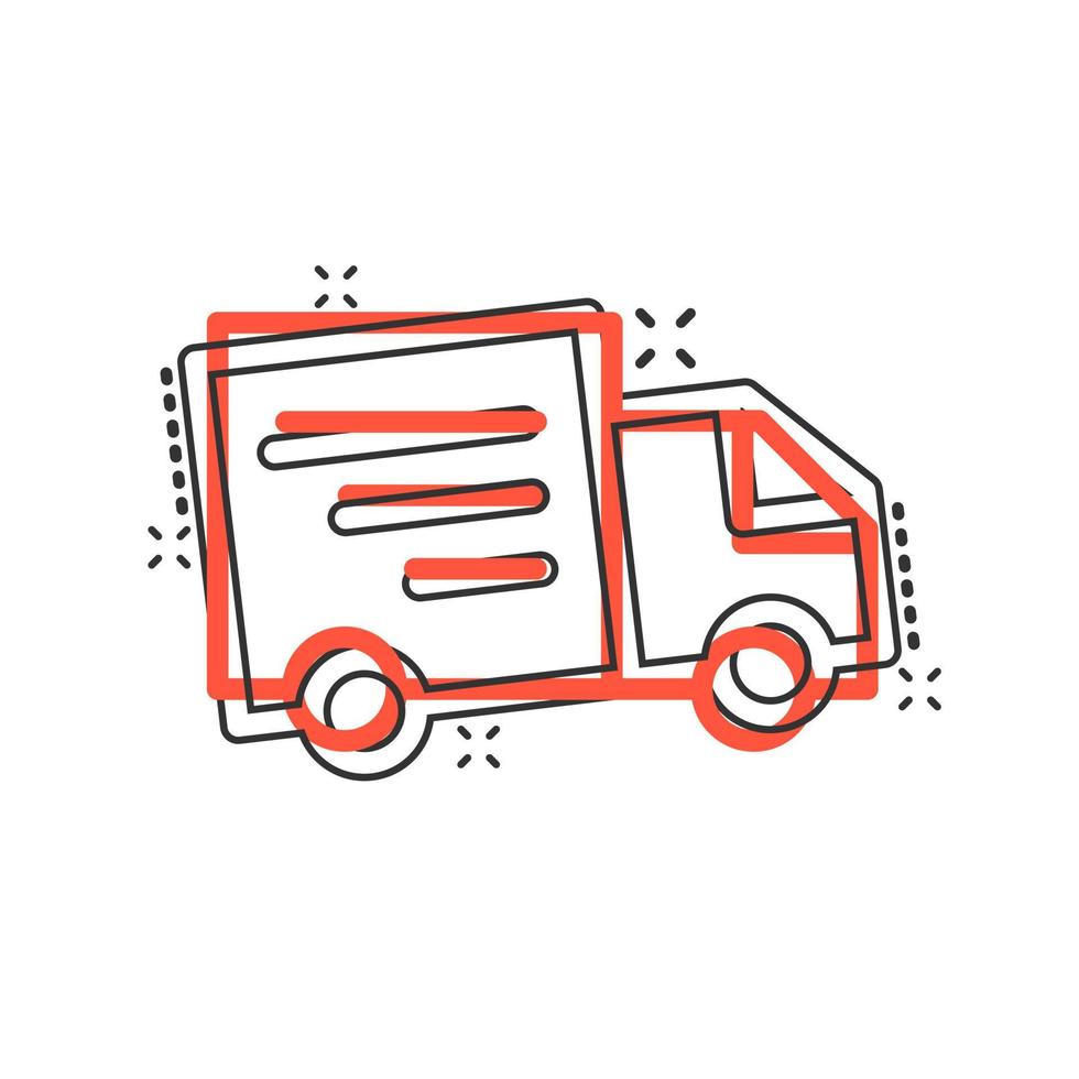 icono de signo de camión de reparto en estilo cómico. furgoneta vector ilustración de dibujos animados sobre fondo blanco aislado. efecto de salpicadura de concepto de negocio de coche de carga.