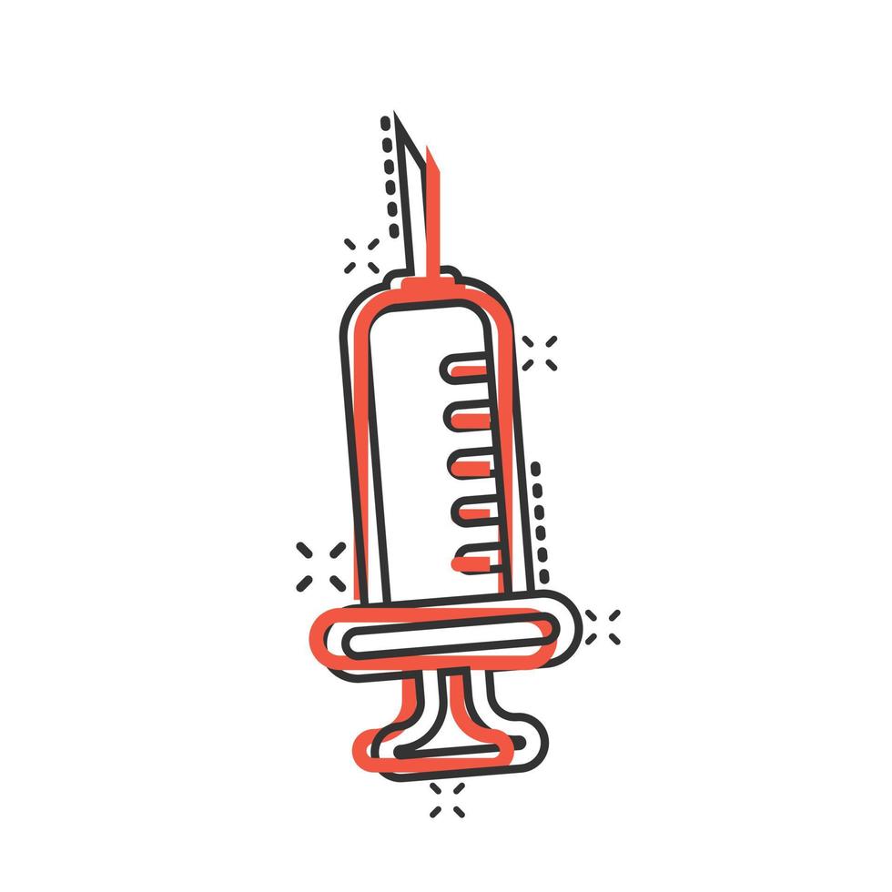 Syringe icon in comic style. Inject needle cartoon vector illustration on white isolated background. Drug dose splash effect business concept.