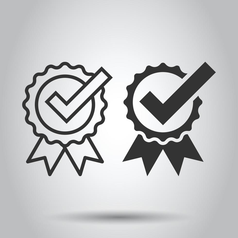 Winner with check mark icon in flat style. Rosette award vector illustration on white isolated background. Medal business concept.