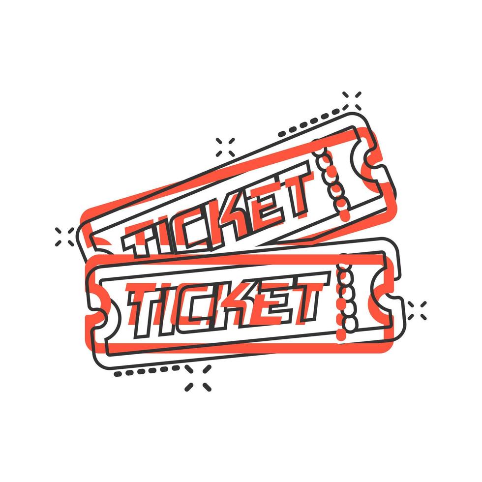 Cinema ticket icon in comic style. Admit one coupon entrance vector cartoon illustration pictogram splash effect.