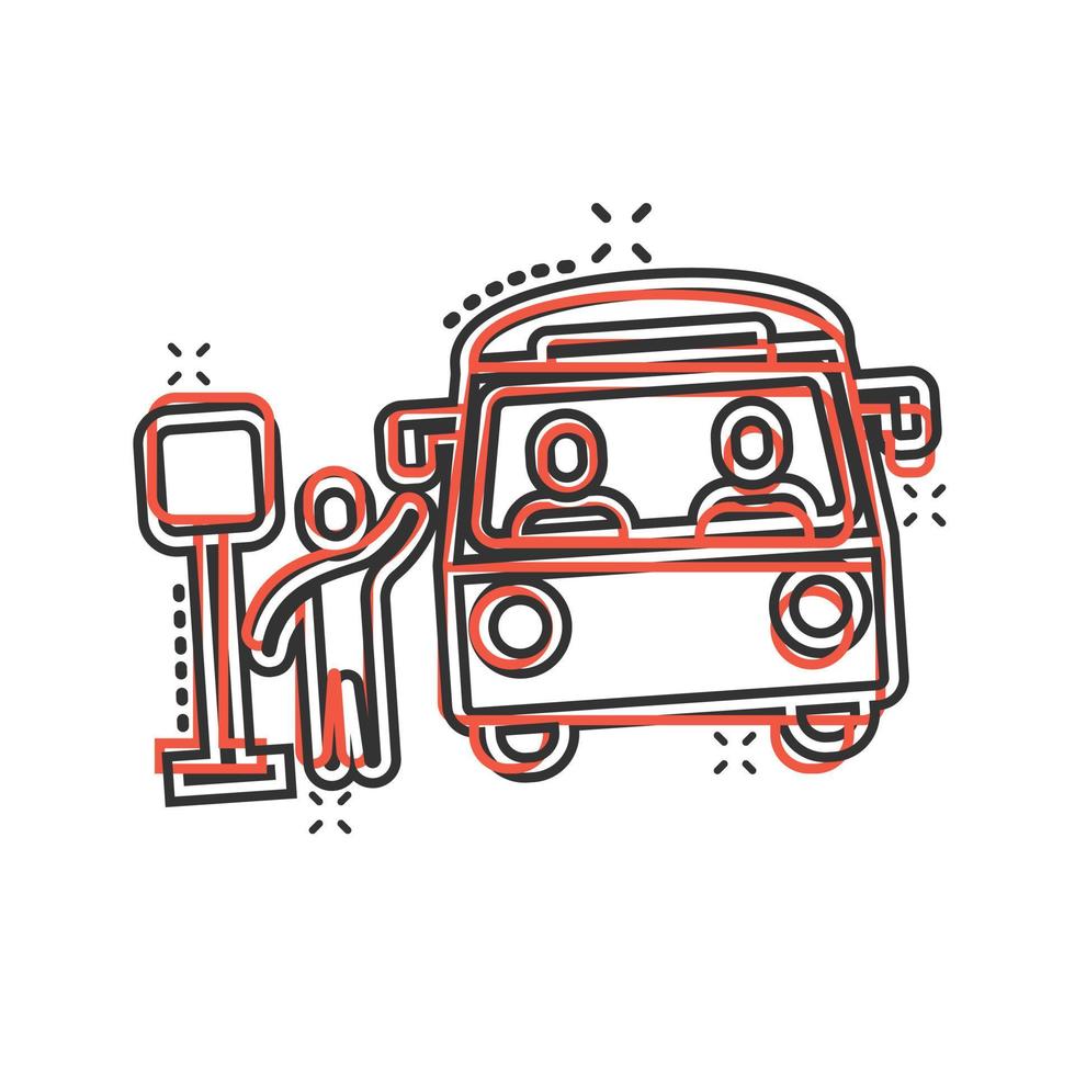 Bus station icon in comic style. Auto stop cartoon vector illustration on white isolated background. Autobus vehicle splash effect business concept.