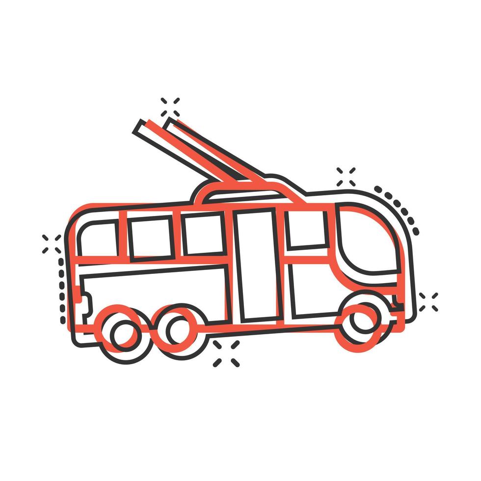 Trolleybus icon in comic style. Trolley bus cartoon vector illustration on white isolated background. Autobus vehicle splash effect business concept.