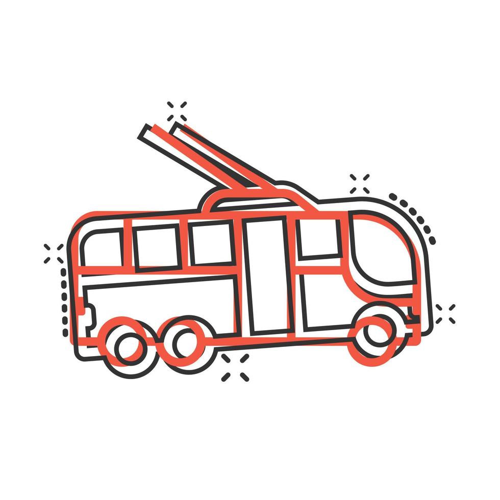 icono de trolebús en estilo cómico. Ilustración de vector de dibujos animados de trolebús sobre fondo blanco aislado. concepto de negocio de efecto de salpicadura de vehículo autobus.