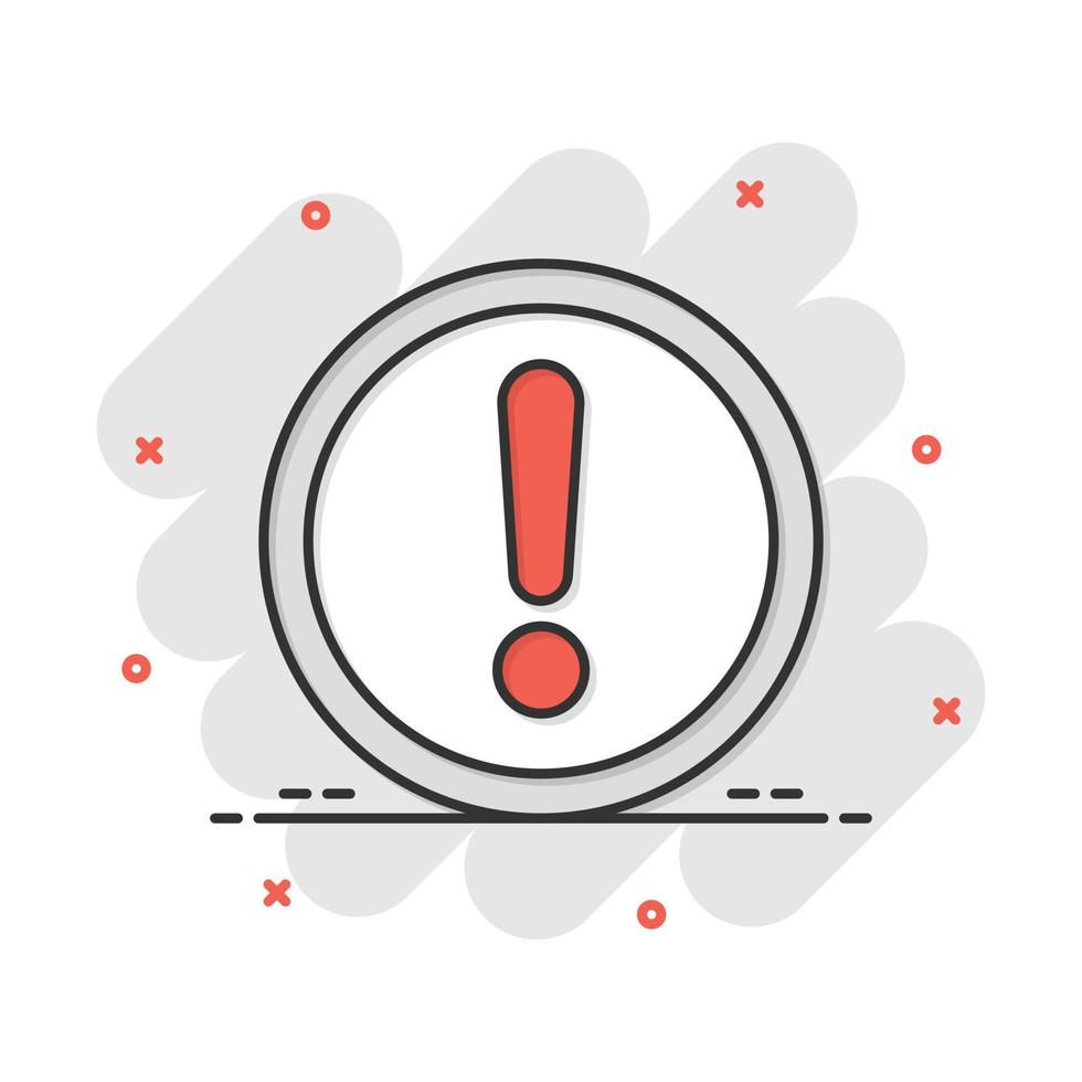 Exclamation mark icon in comic style. Danger alarm vector cartoon illustration pictogram. Caution risk business concept splash effect.