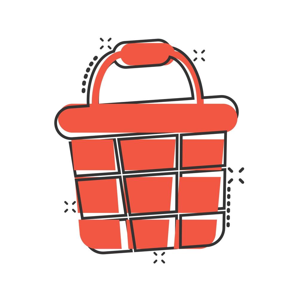 Add to cart icon in comic style. Shopping cartoon vector illustration on white isolated background. Basket splash effect business concept.