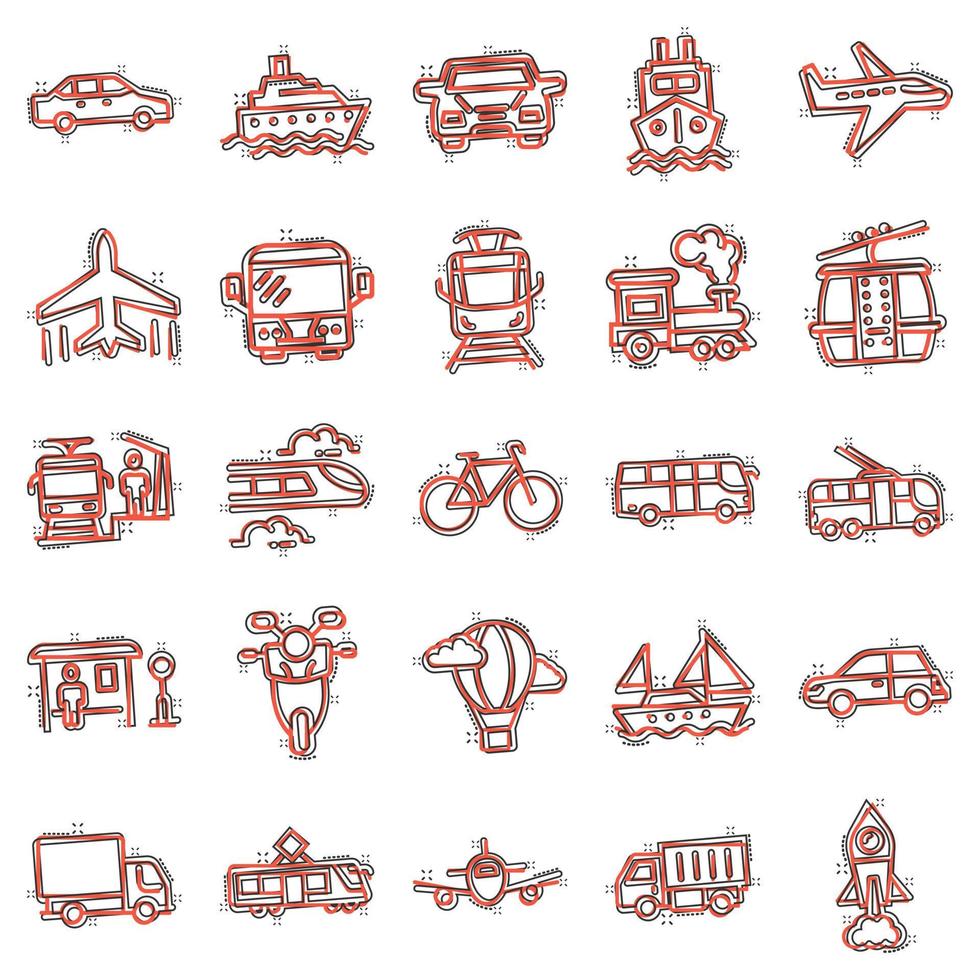 Transport icon set in comic style. Car vector cartoon collection illustration on white isolated background. Shipping transportation splash effect business concept.