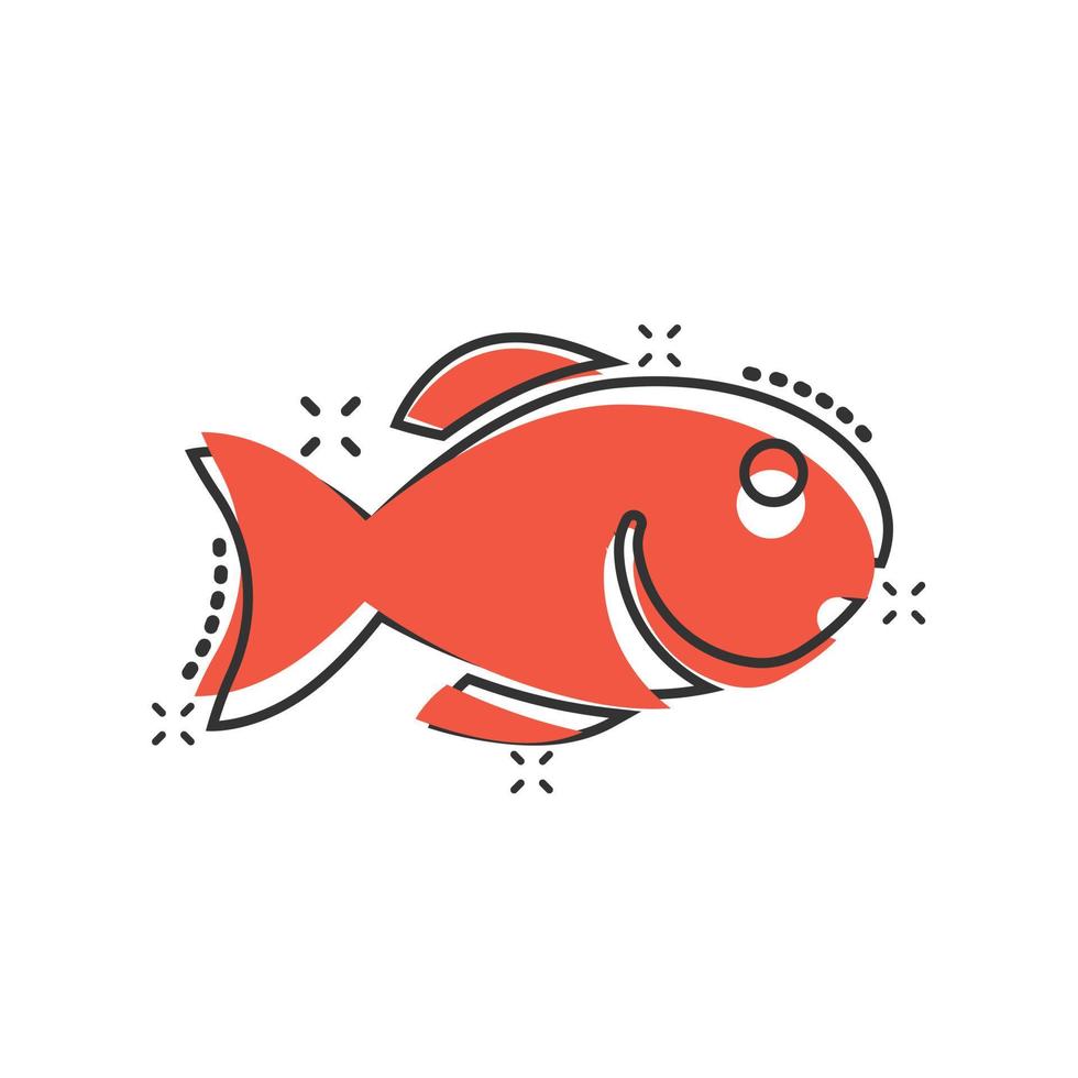 Fish icon in comic style. Seafood cartoon vector illustration on white isolated background. Sea animal splash effect business concept.