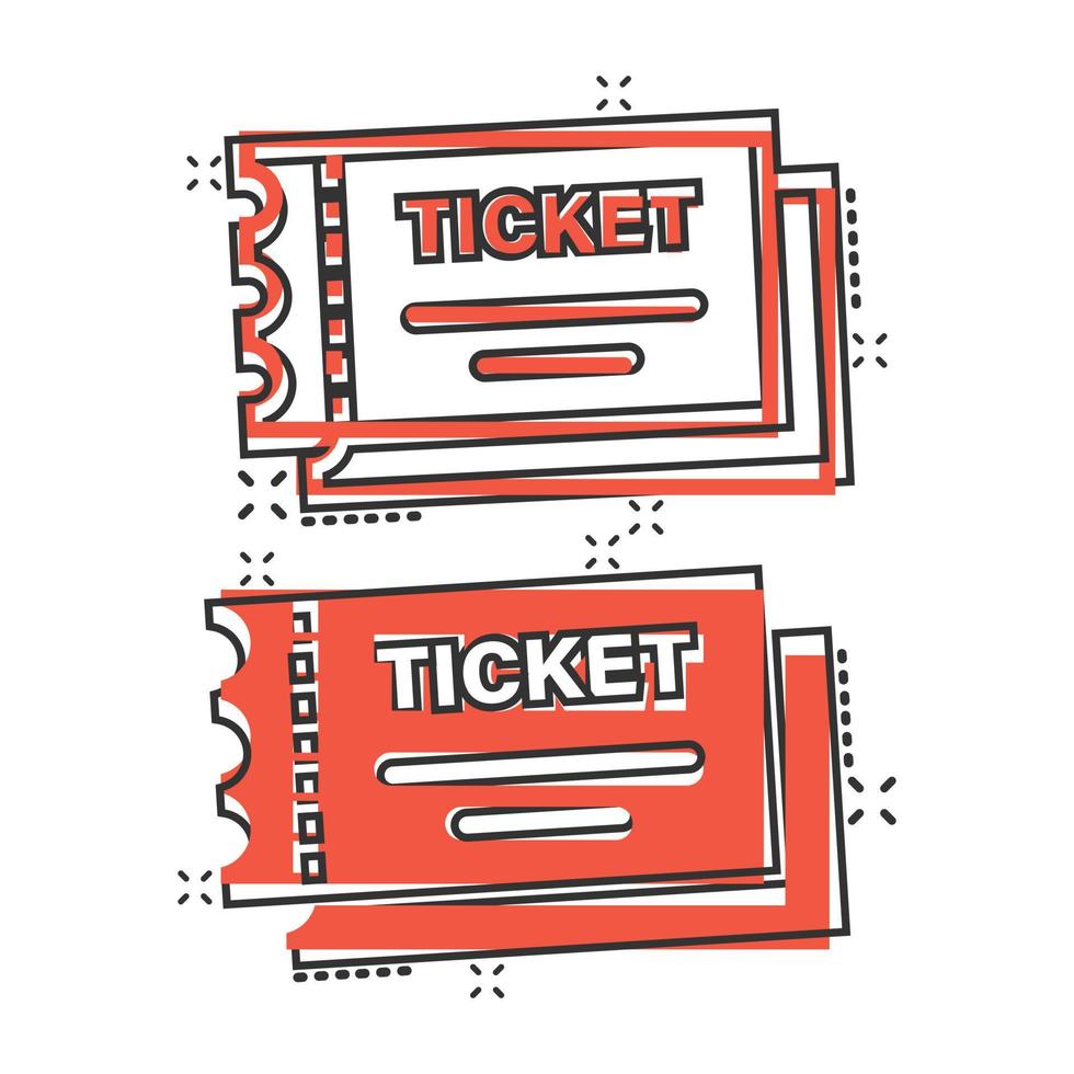 Cinema ticket icon in comic style. Admit one coupon entrance cartoon vector illustration on white isolated background. Ticket splash effect business concept.