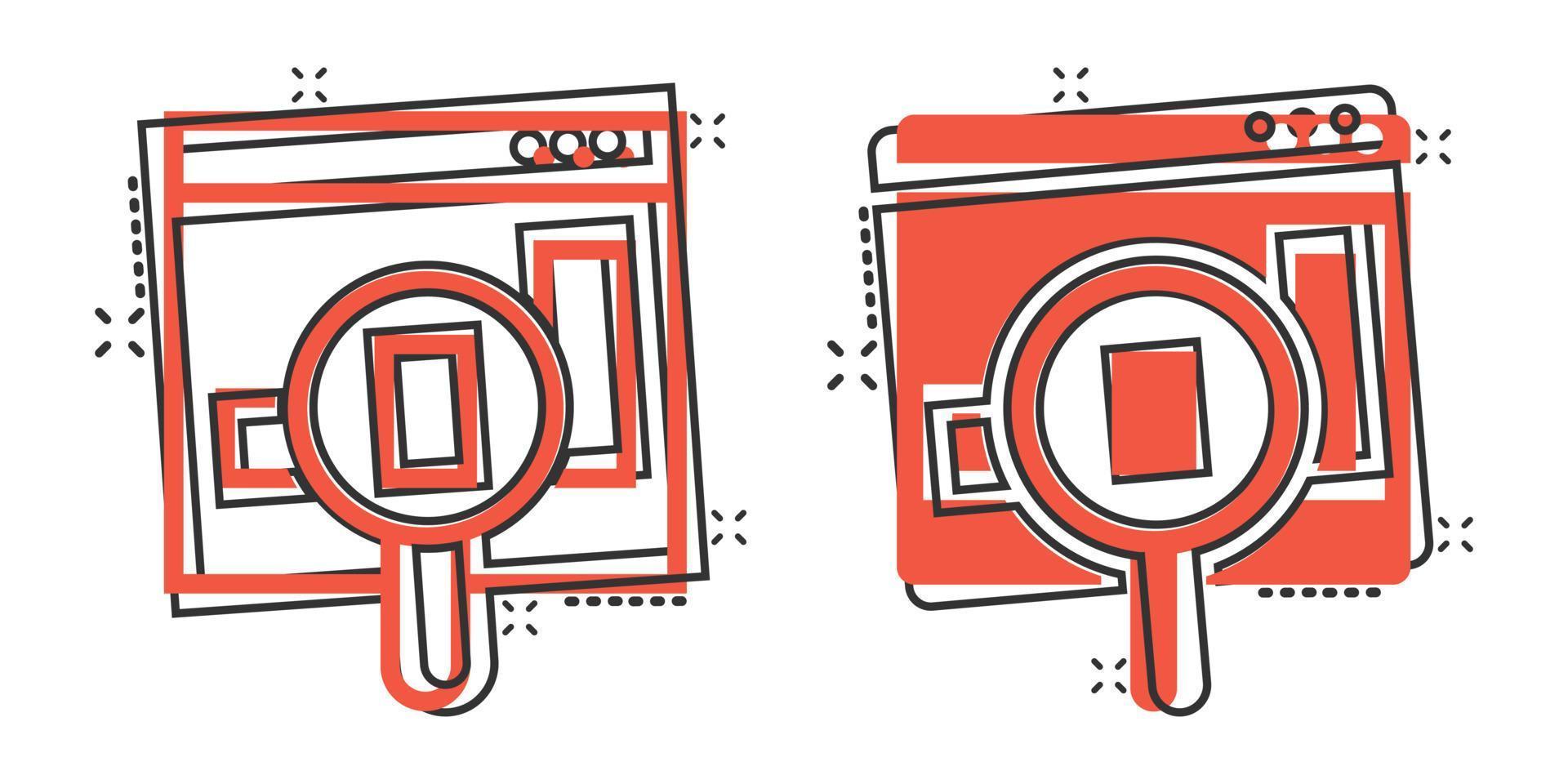 Market trend icon in comic style. Growth arrow with magnifier cartoon vector illustration on white isolated background. Increase splash effect business concept.