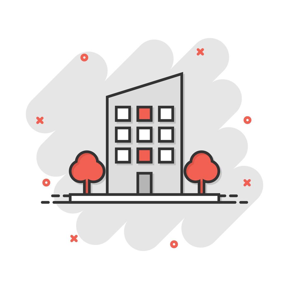 edificio de dibujos animados vectoriales con árboles en estilo cómico. pictograma de ilustración de signo de casa. concepto de efecto de salpicadura de negocio de construcción. vector