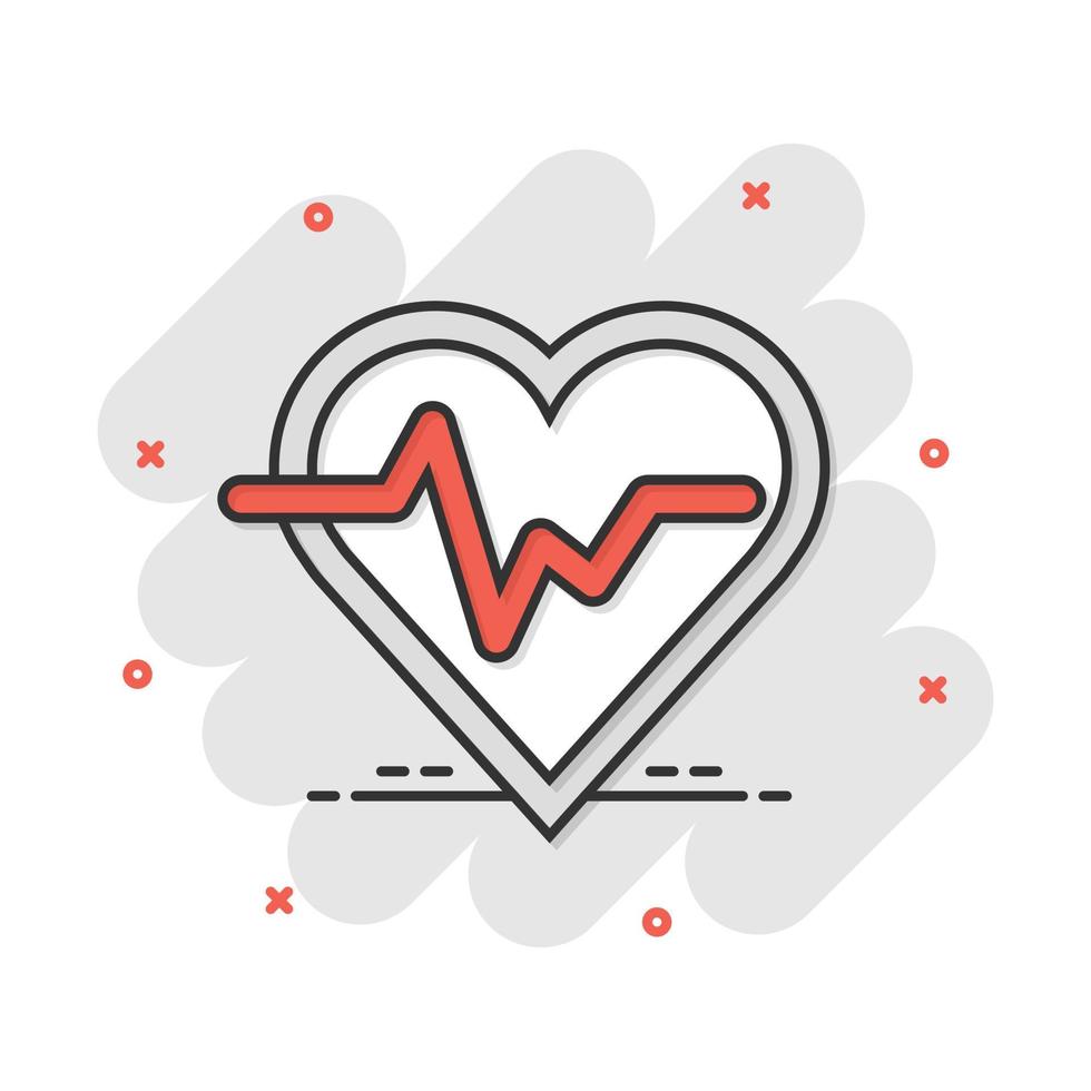 Vector cartoon heartbeat line with heart icon in comic style. Heartbeat concept illustration pictogram. Heart rhythm business splash effect concept.