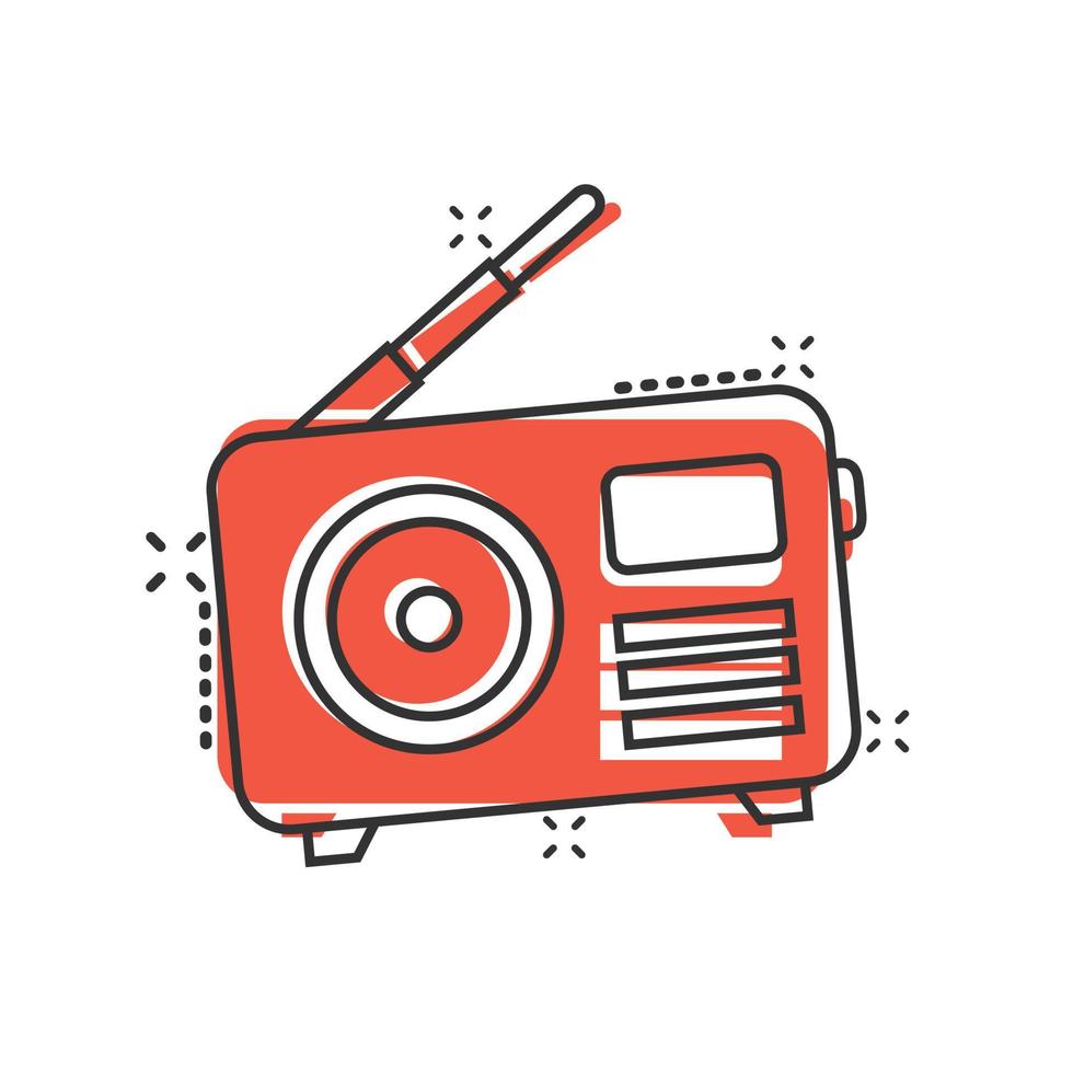 icono de radio en estilo cómico. ilustración de vector de dibujos animados de transmisión fm sobre fondo blanco aislado. concepto de negocio de efecto de salpicadura de radiodifusión.