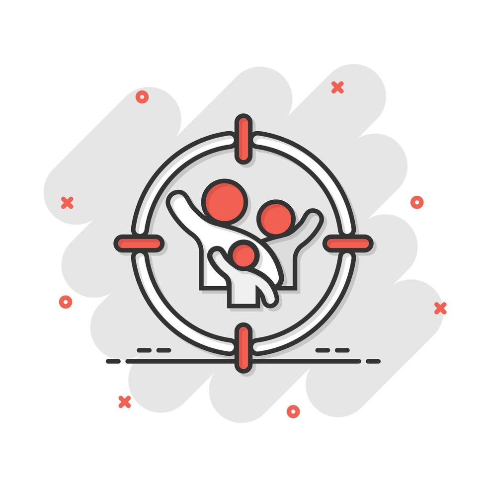 Target audience icon in comic style. Focus on people vector cartoon illustration pictogram. Human resources business concept splash effect.