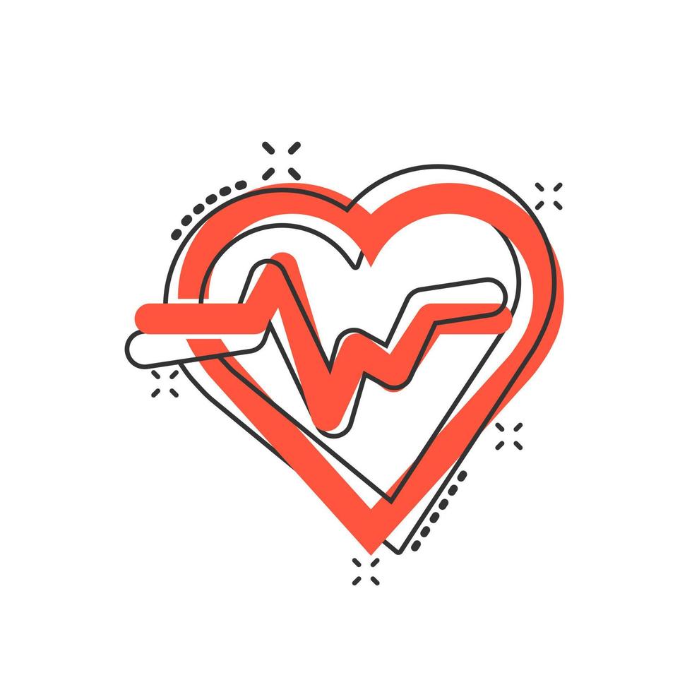 Vector cartoon heartbeat line with heart icon in comic style. Heartbeat concept illustration pictogram. Heart rhythm business splash effect concept.