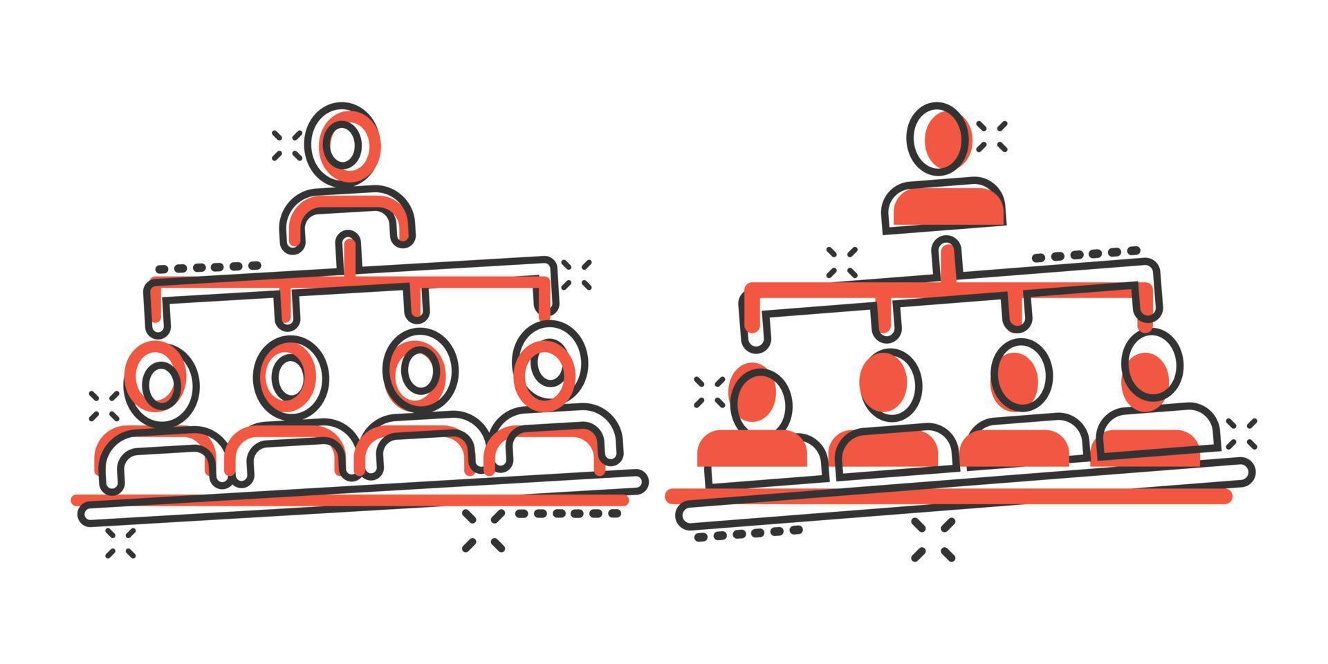 organigrama corporativo con icono de vector de personas de negocios en estilo cómico. ilustración de dibujos animados de cooperación de personas sobre fondo blanco. concepto de negocio de efecto de salpicadura de trabajo en equipo.