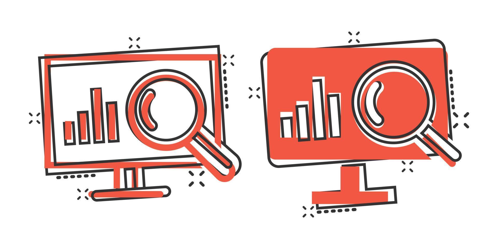 icono de análisis de sitios web en estilo cómico. ilustración vectorial de dibujos animados de datos seo sobre fondo blanco aislado. concepto de negocio de efecto de salpicadura de diagrama de computadora. vector