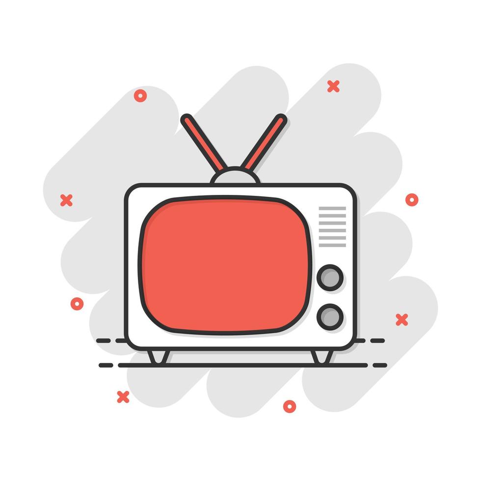 icono de tv de dibujos animados vectoriales en estilo cómico. pictograma de ilustración de señal de televisión. concepto de efecto de salpicadura de negocio de televisión. vector