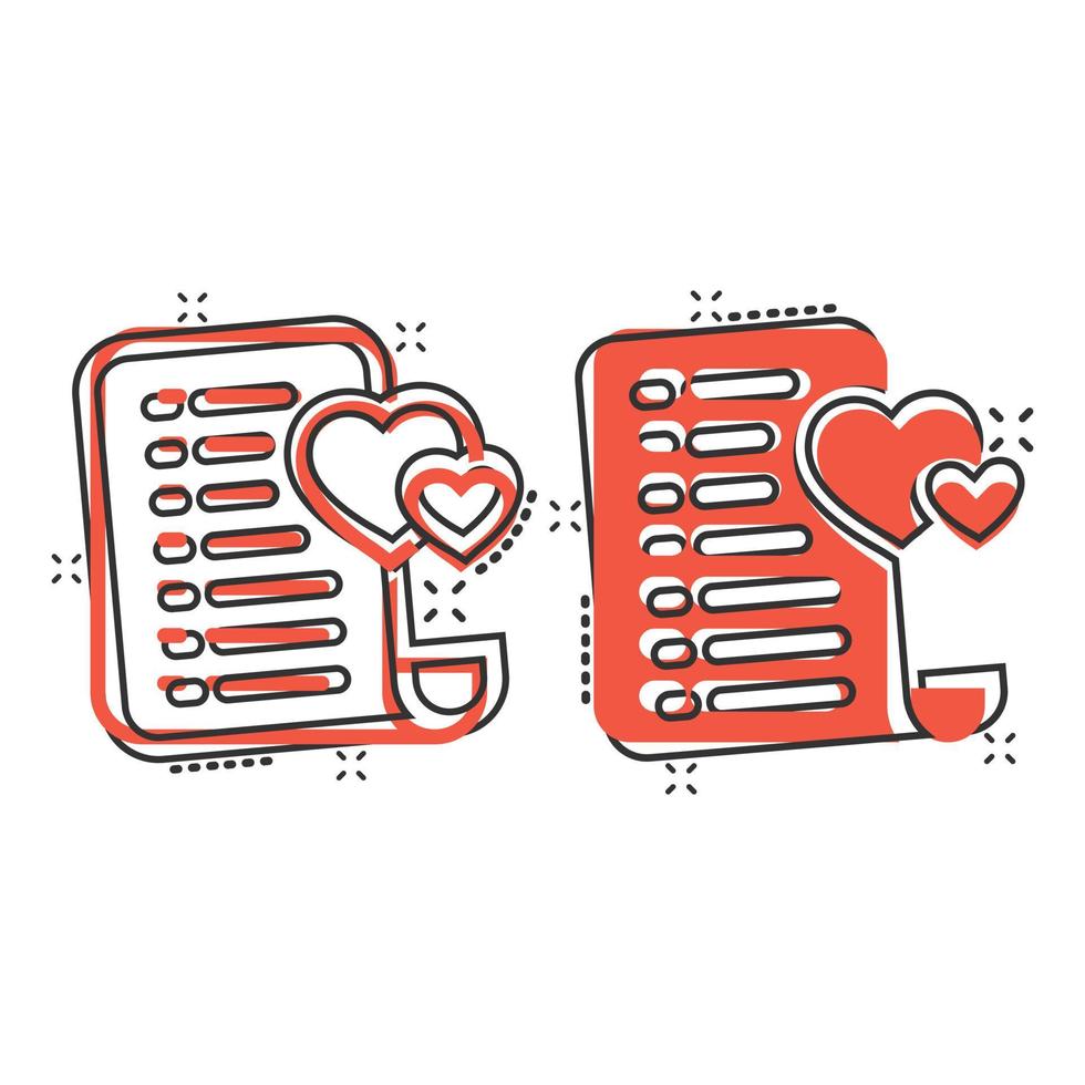 Wishlist icon in comic style. Like document cartoon vector illustration on white isolated background. Favorite list splash effect business concept.