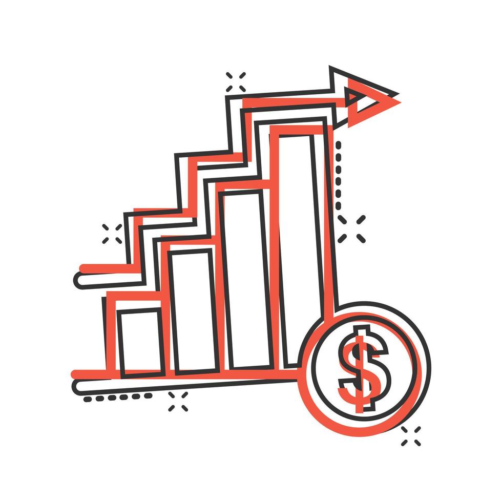 Market trend icon in comic style. Growth arrow with magnifier cartoon vector illustration on white isolated background. Increase splash effect business concept.