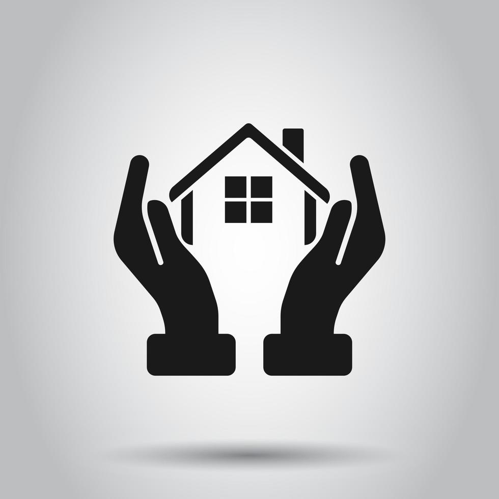 Home care icon in flat style. Hand hold house vector illustration on isolated background. Building quality business concept.