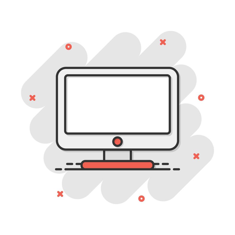 icono de computadora de dibujos animados de vector en estilo cómico. pictograma de ilustración de signo de monitor. concepto de efecto de salpicadura de negocio de televisión.