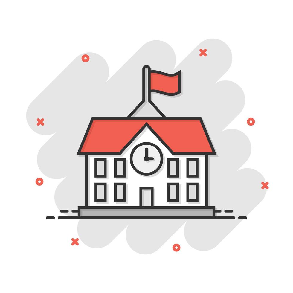 School building icon in comic style. College education vector cartoon illustration pictogram. Bank, government business concept splash effect.