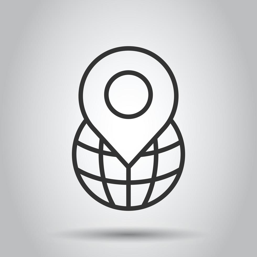 icono de navegación global en estilo plano. globo pin gps vector ilustración sobre fondo blanco aislado. concepto de negocio de dirección del planeta.