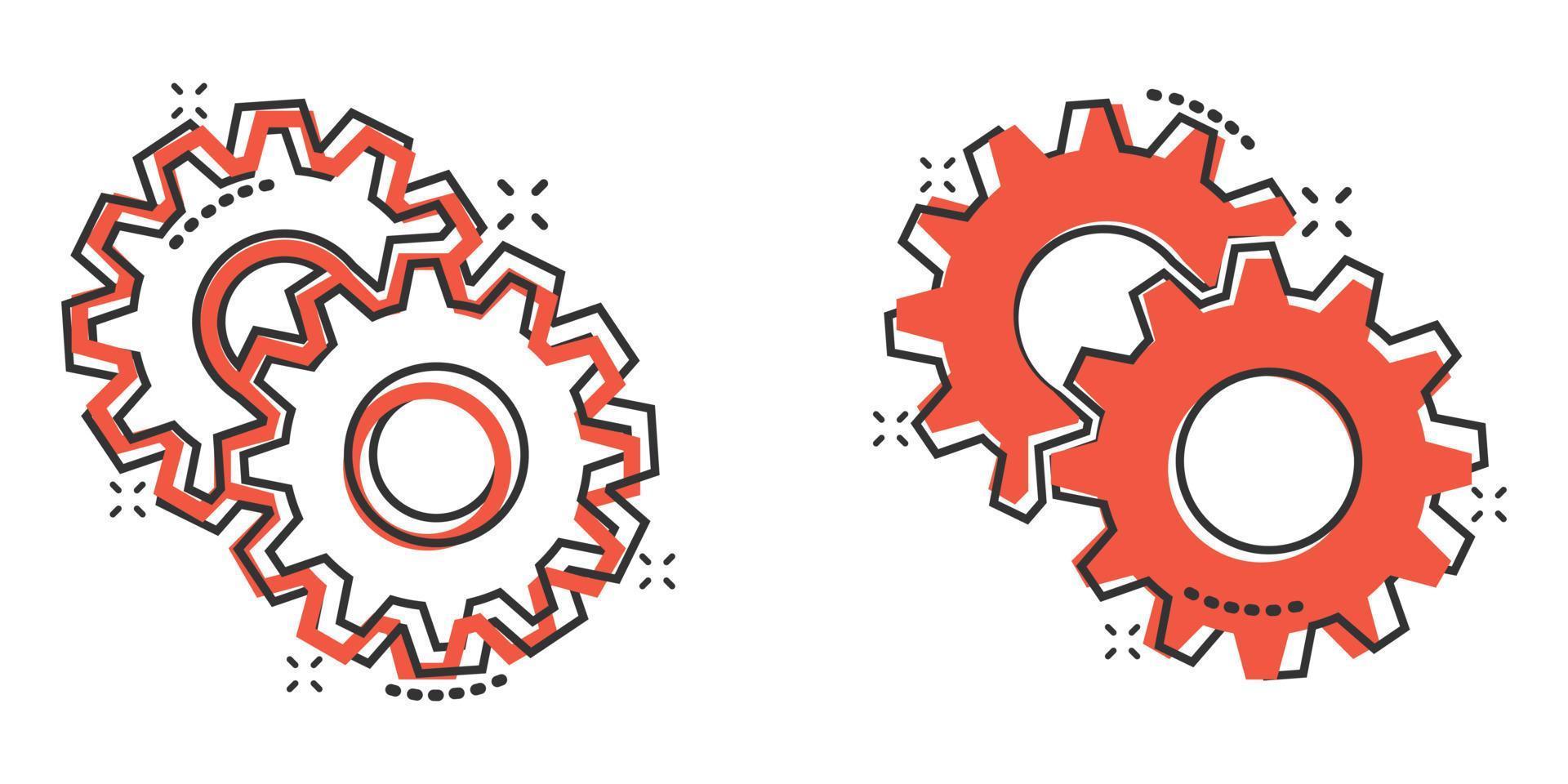 Gear vector icon in comic style. Cog wheel cartoon illustration on white isolated background. Gearwheel cogwheel splash effect business concept.