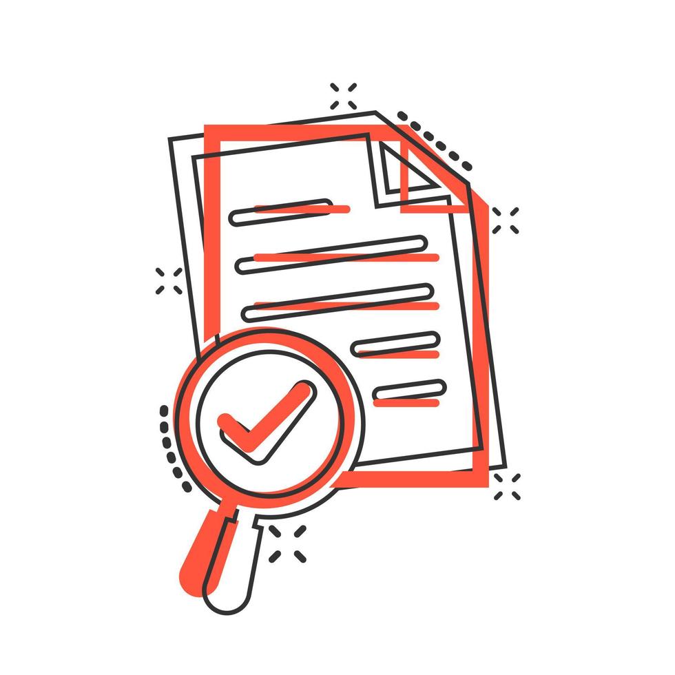Scrutiny document plan icon in comic style. Review statement vector cartoon illustration pictogram. Document with magnifier loupe business concept splash effect.