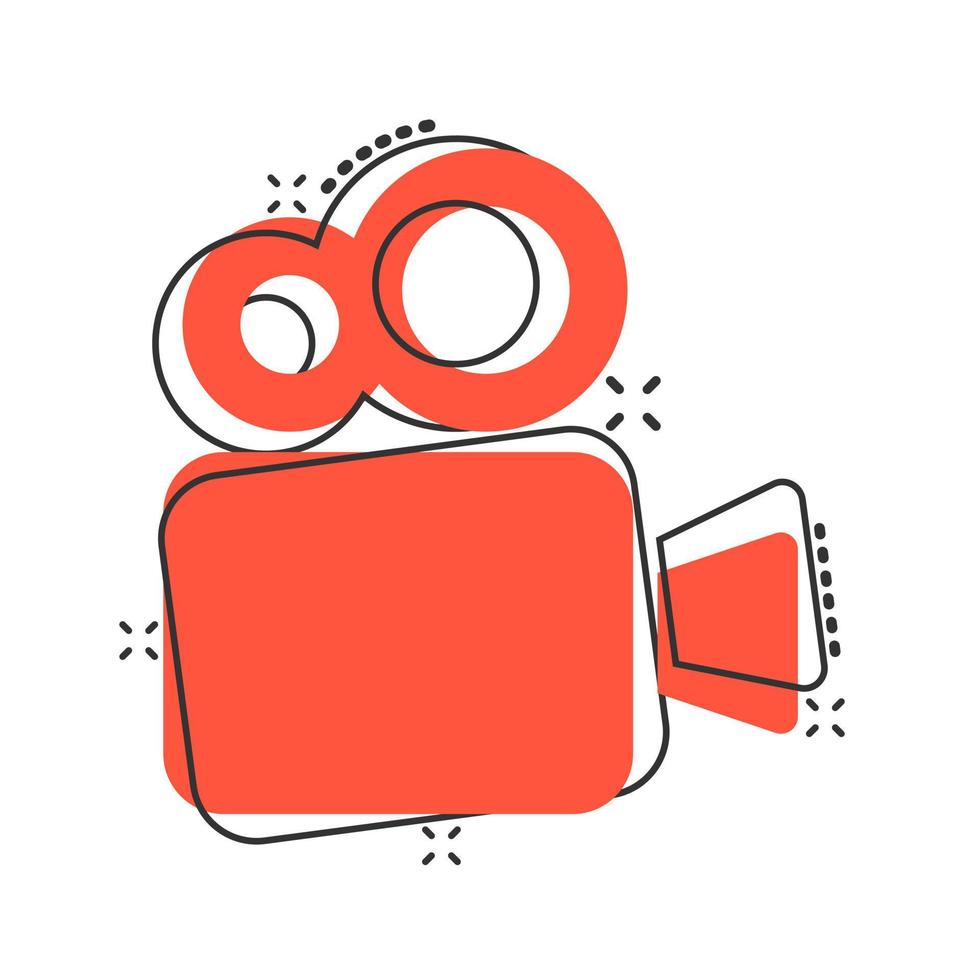 Video camera icon in comic style. Movie play vector cartoon illustration pictogram. Streaming business concept splash effect.