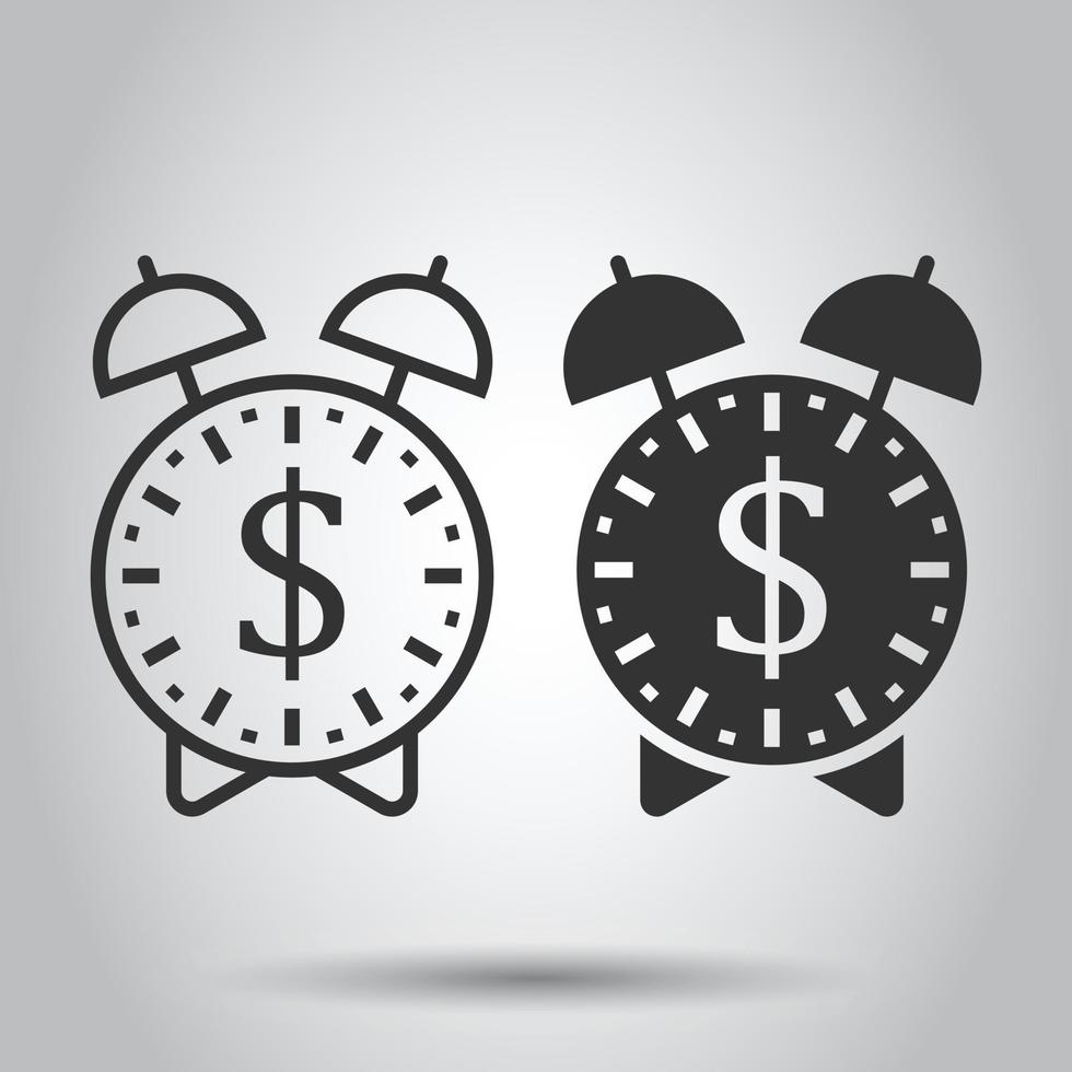 Time is money icon in flat style. Clock with dollar vector illustration on white isolated background. Currency business concept.