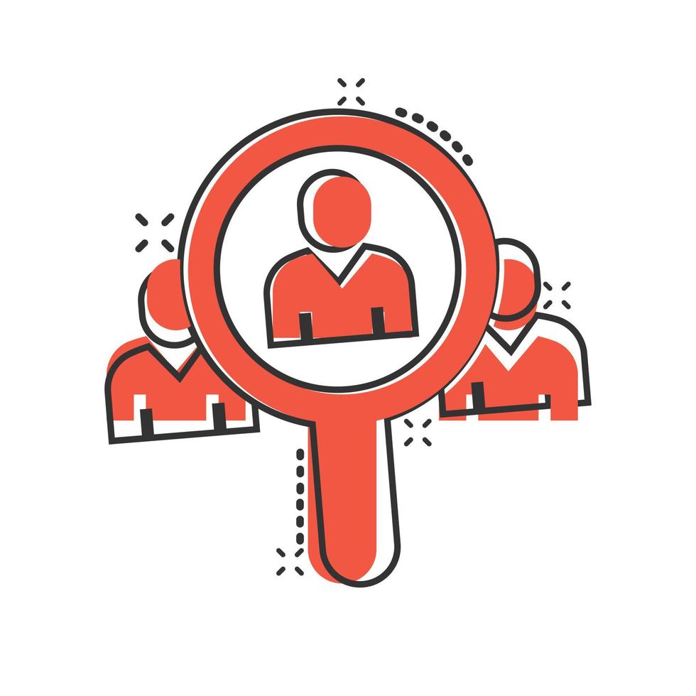 Search job vacancy icon in comic style. Loupe career cartoon vector illustration on white isolated background. Find people employer splash effect business concept.