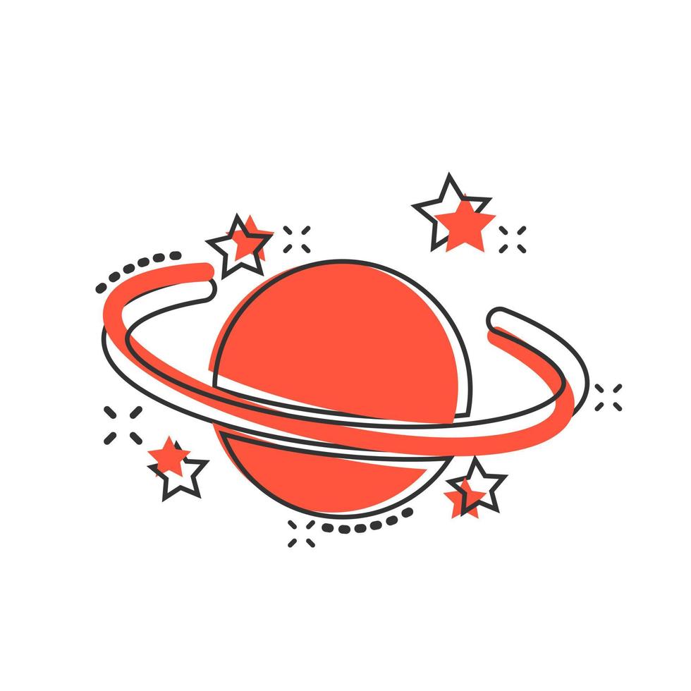 Saturn icon in comic style. Planet vector cartoon illustration on white isolated background. Galaxy space business concept splash effect.