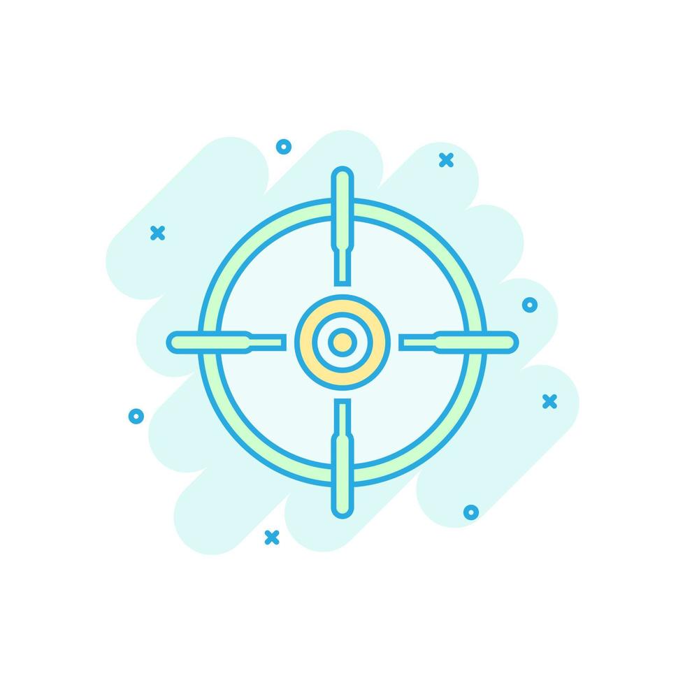 Shooting target vector icon in comic style. Aim sniper symbol cartoon illustration on white background. Target aim business concept splash effect.