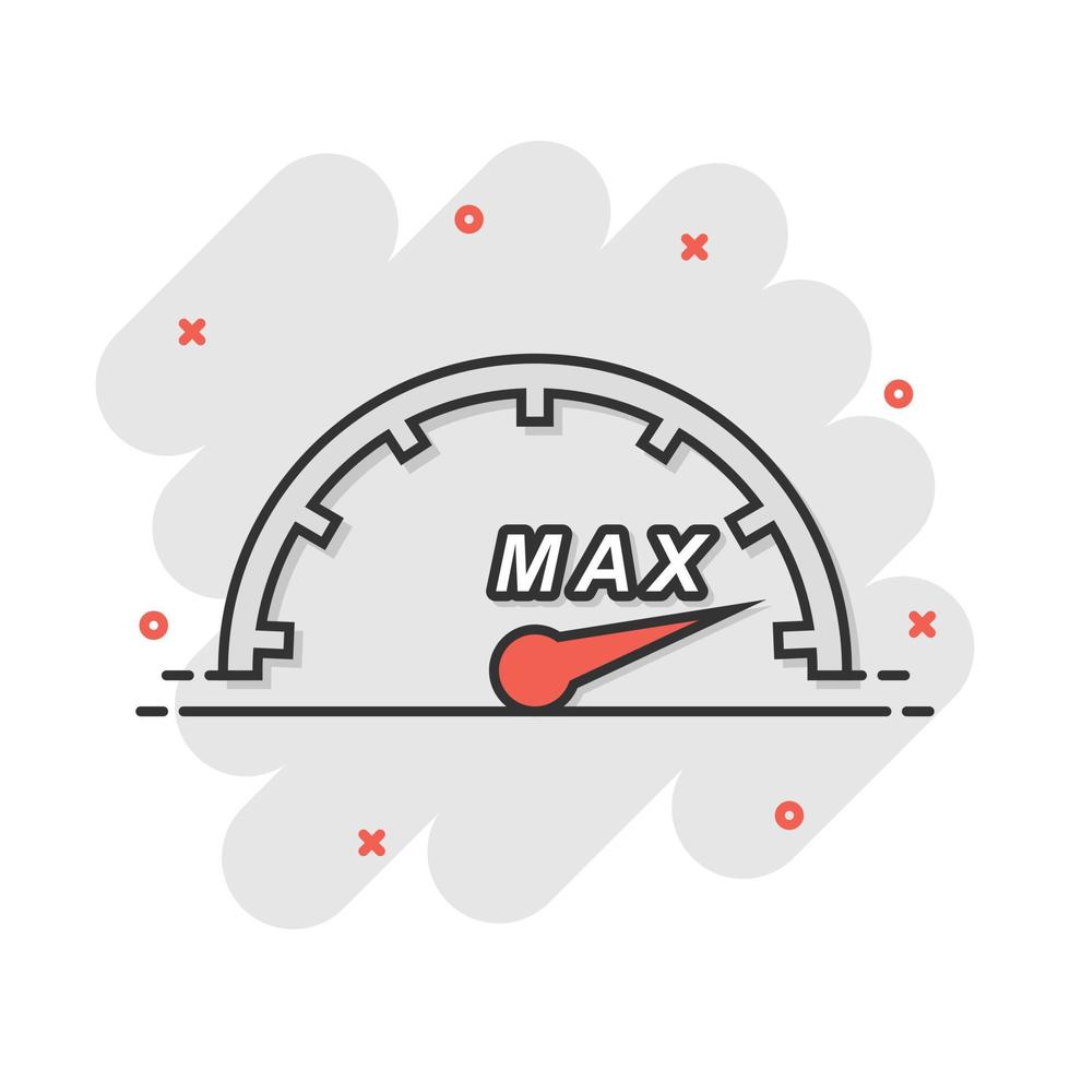 Cartoon max speed icon in comic style. Speedometer sign illustration pictogram. Tachometer splash business concept. vector